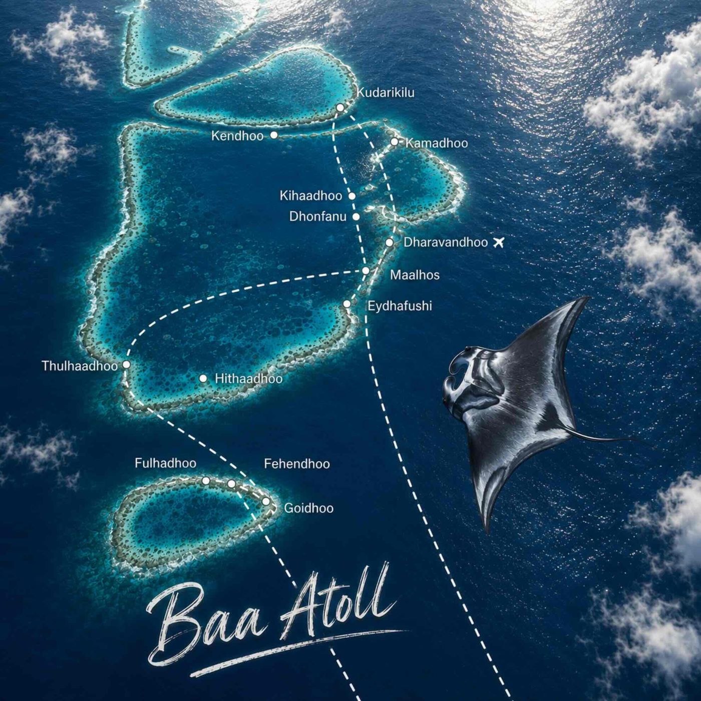 Illustrierte Karte der Inselhopping-Route durchs Baa Atoll mit Mantarochen