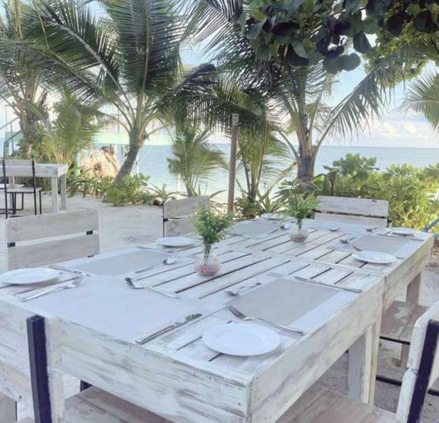 Gedeckter Tisch unter Palmen am Strand von Fehendhoo
