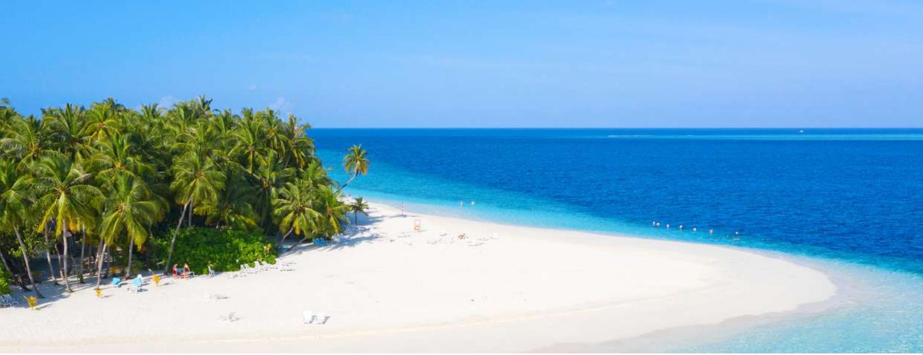 Palmengesäumter Strand mit türkisem Riff im Baa Atoll