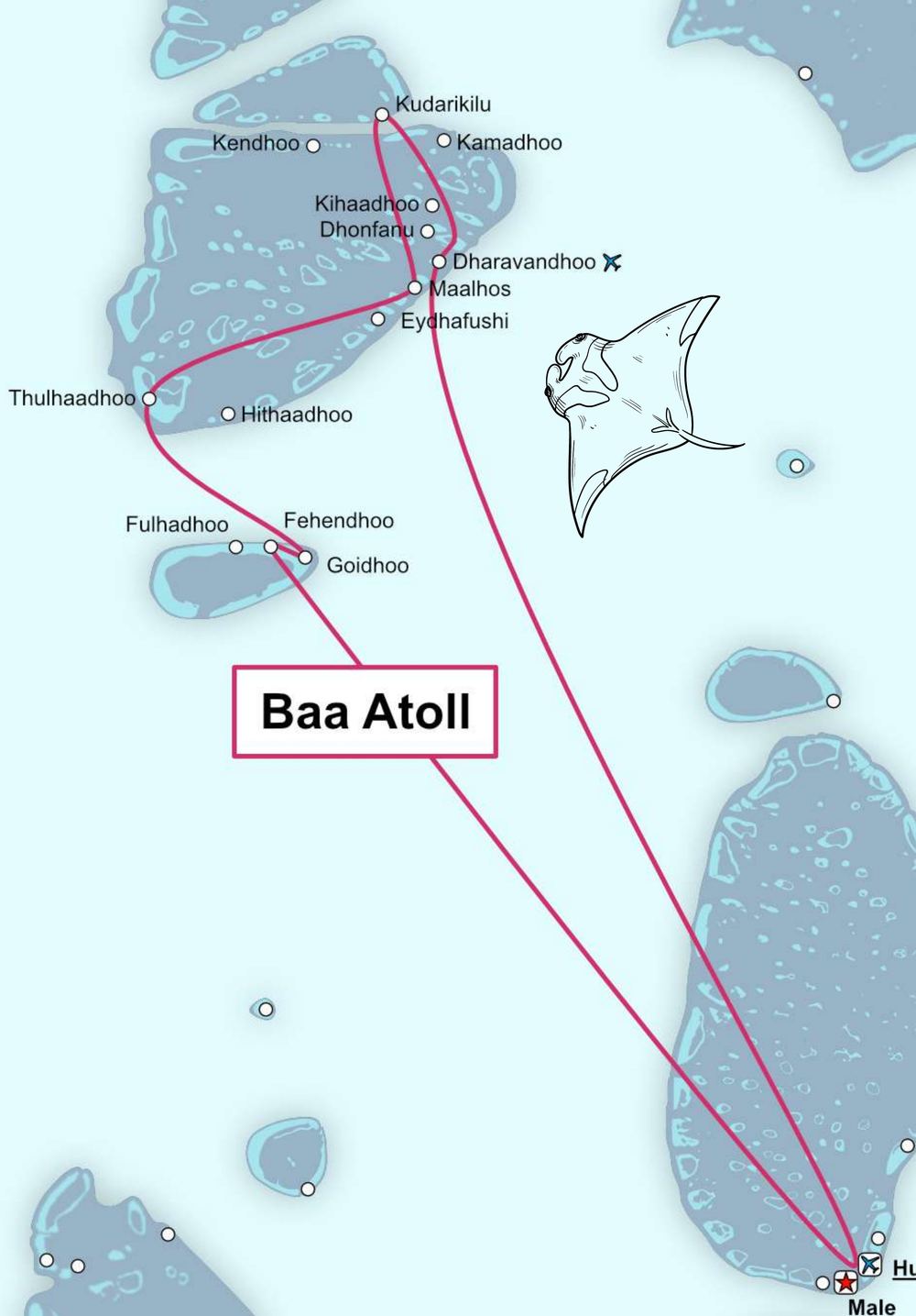 Karte der Inselhopping-Route durchs Baa Atoll: Dharavandhoo, Kudarikilu, Maalhos, Goidhoo, Fehendhoo