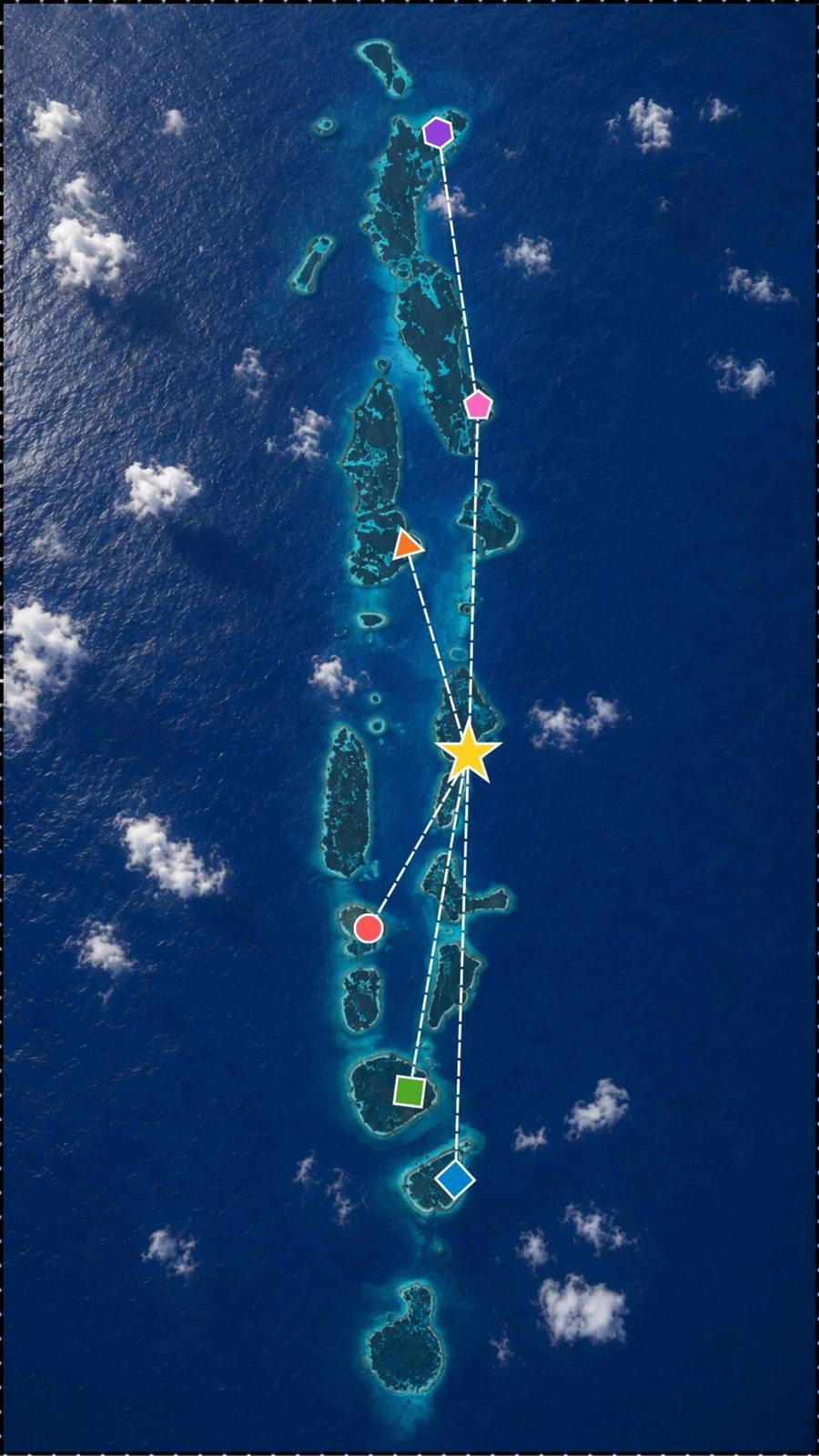 Illustrierte Karte eines maledivischen Atolls mit eingezeichneter Routenlinie zwischen mehreren markierten Stationen